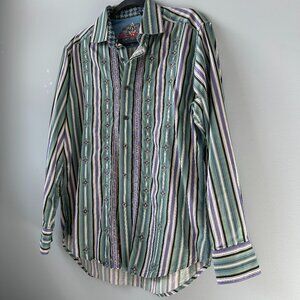 Robert Graham Striped Button Down Mens Shirt with Flip Cuff - M